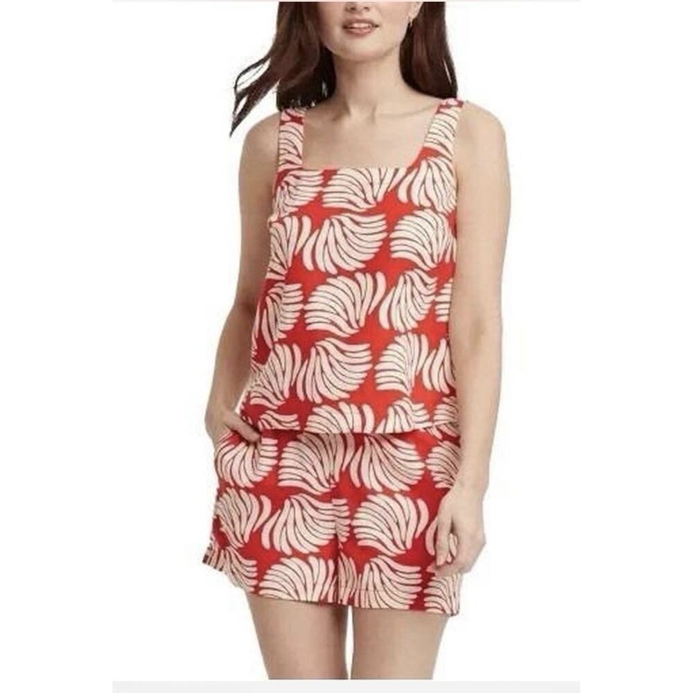 A New Day Two Piece Linen Blend Set Shorts And Tank Red White Palm Tropical XS/S